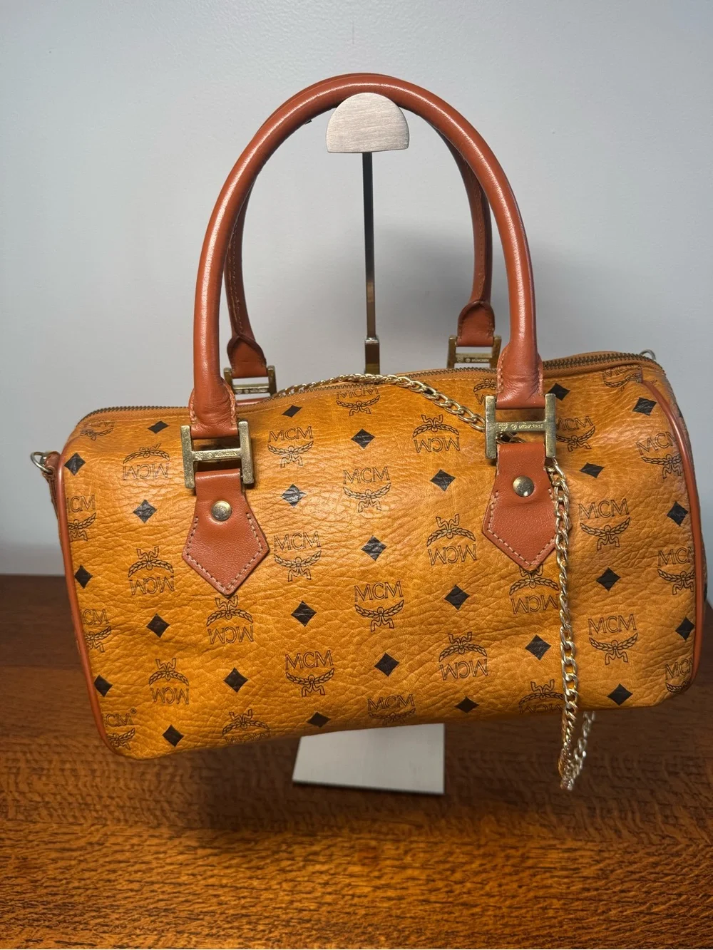 MCM Vintage Visetos Boston Satchel in Cognac Monogram
